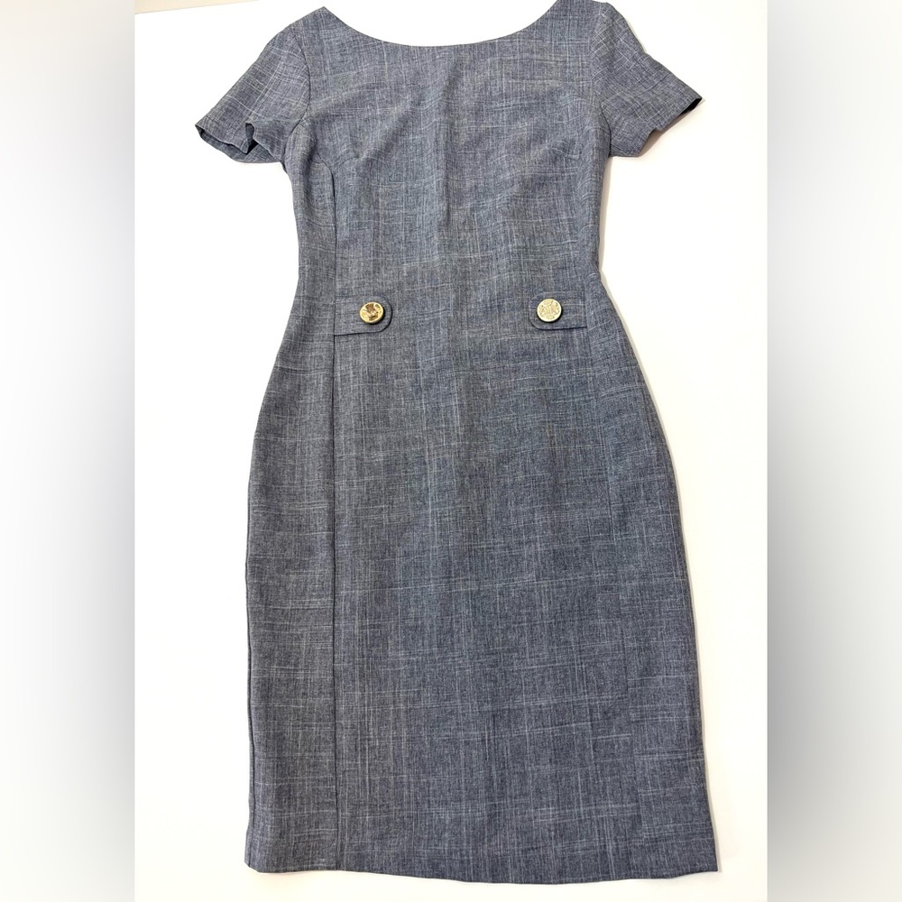 Dioni Gray Sheath Dress Women Short Sleeve Professional Knee Length Flax Small